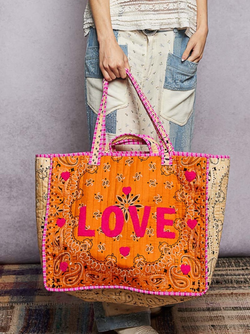 POL Color block Paisley LOVE Heart Graphic Quilted Large Tote Shoulder bag - Picture 2 of 10